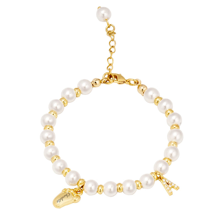 Personalized Baby Name Pearl Bracelet with Foot & Initial Charm – Adjustable Keepsake Gift