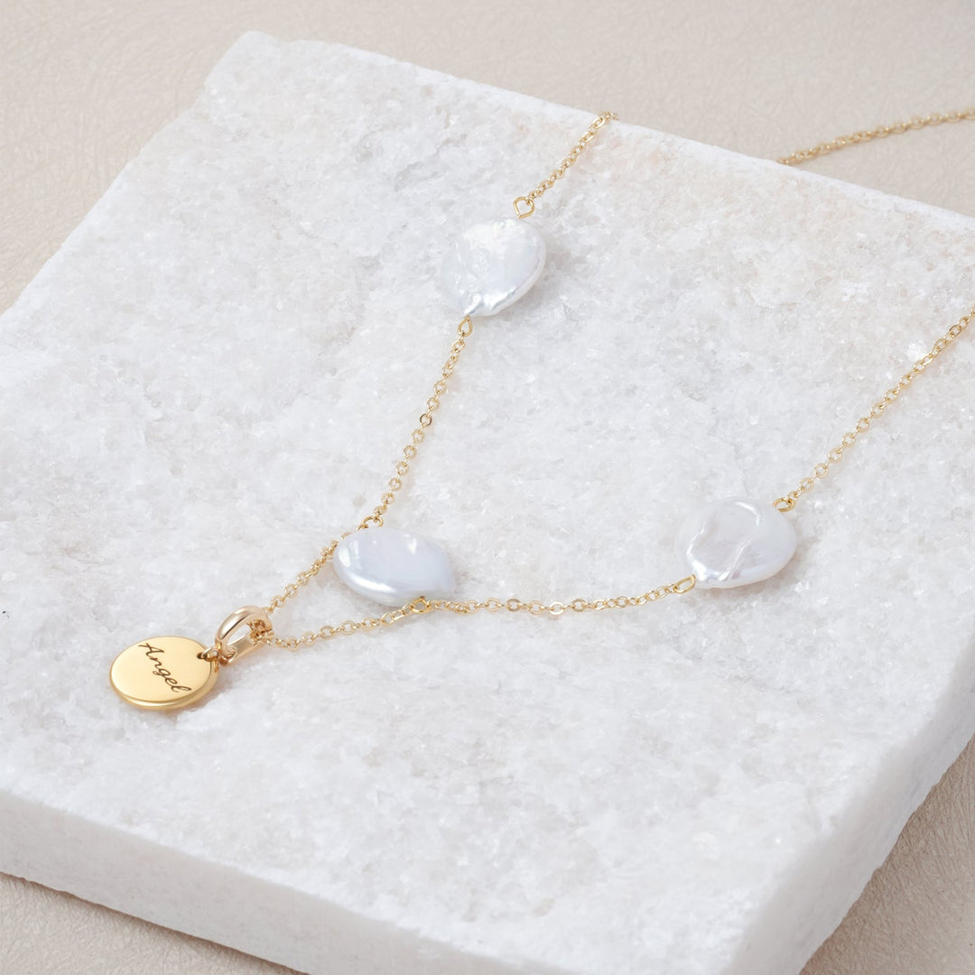 Personalised Name Baroque Pearl Disc Pendant Necklace