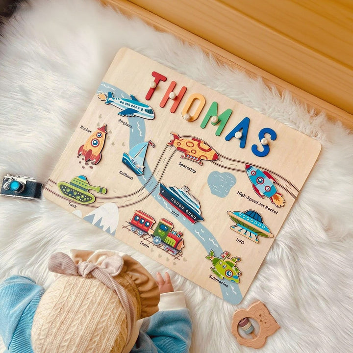 Personalized Wooden Name Puzzle – Vehicle Learning Toy for Toddlers
