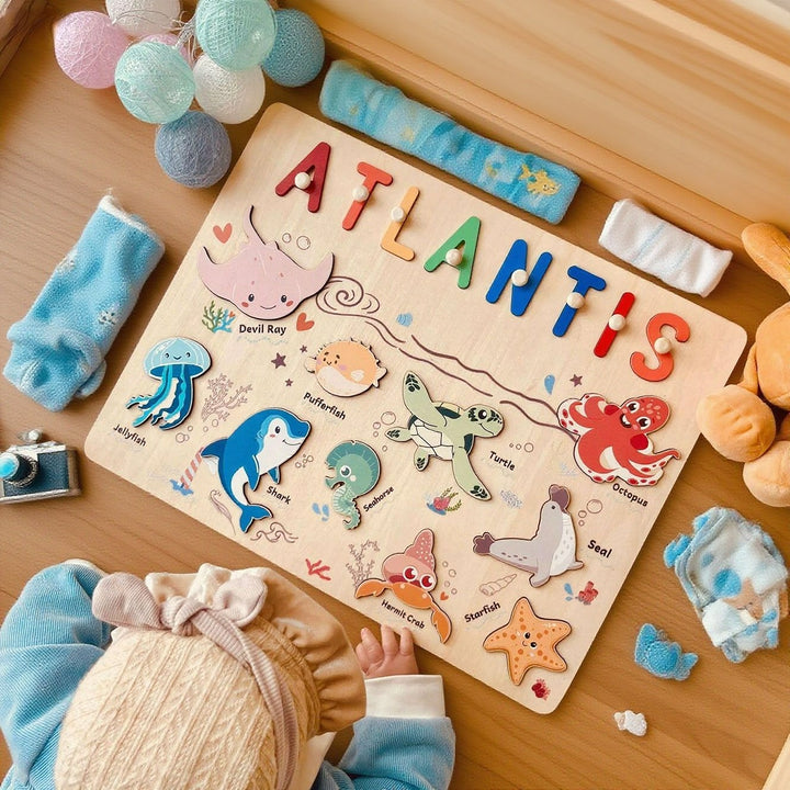 Ocean Animal Name Puzzle – Personalized Wooden Toddler Learning Toy