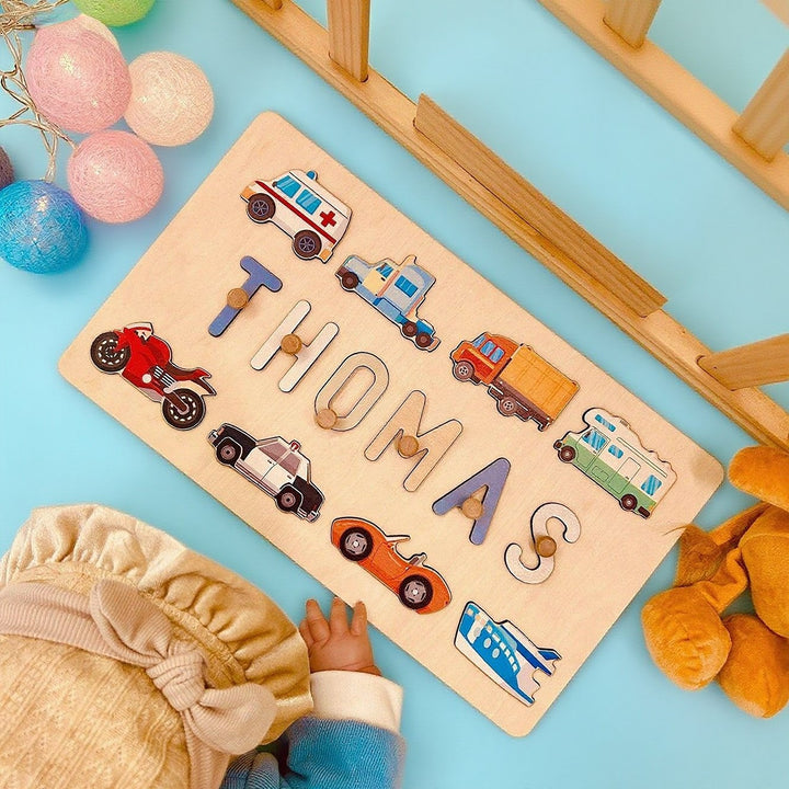 Personalized Wooden Name Puzzle – Vehicle & Traffic Learning Toy