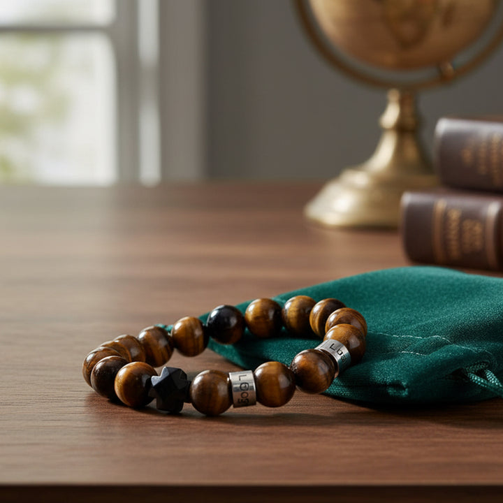 Personalized customizable name men's natural black volcanic stone beaded bracelet