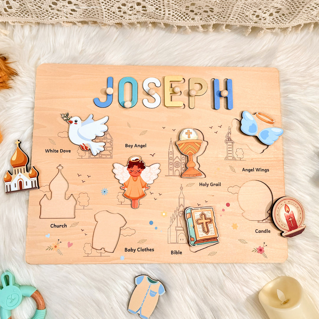 Personalized Baby Boy Christening Wooden Name Puzzle – Custom Baptism Keepsake Gift