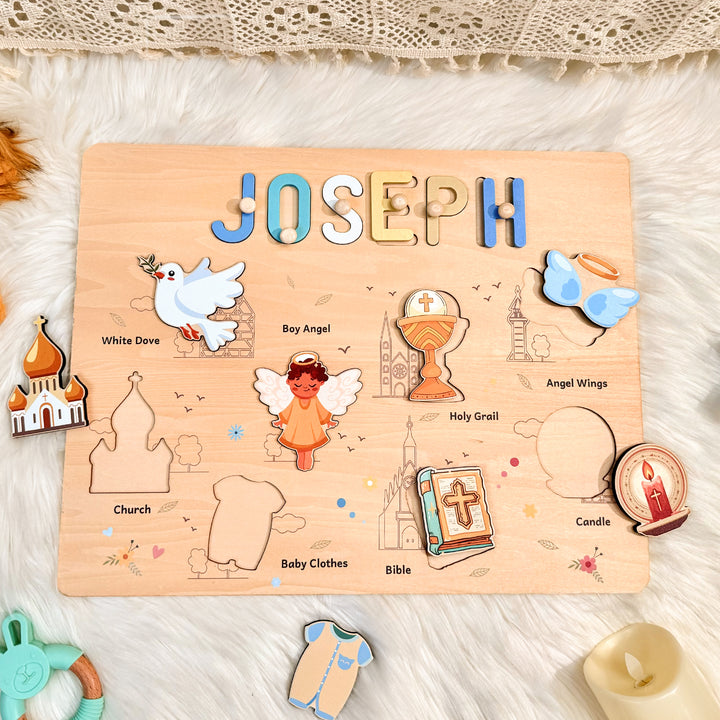 Personalized Baby Boy Christening Wooden Name Puzzle – Custom Baptism Keepsake Gift