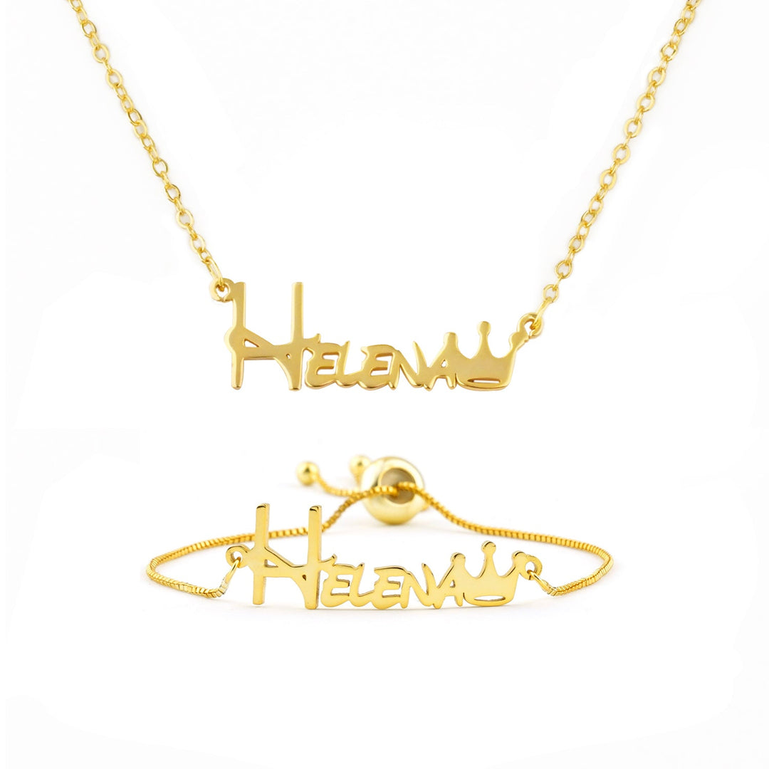 Personalized Baby Name Jewelry Set – Crown Bracelet & Necklace in Sterling Silver