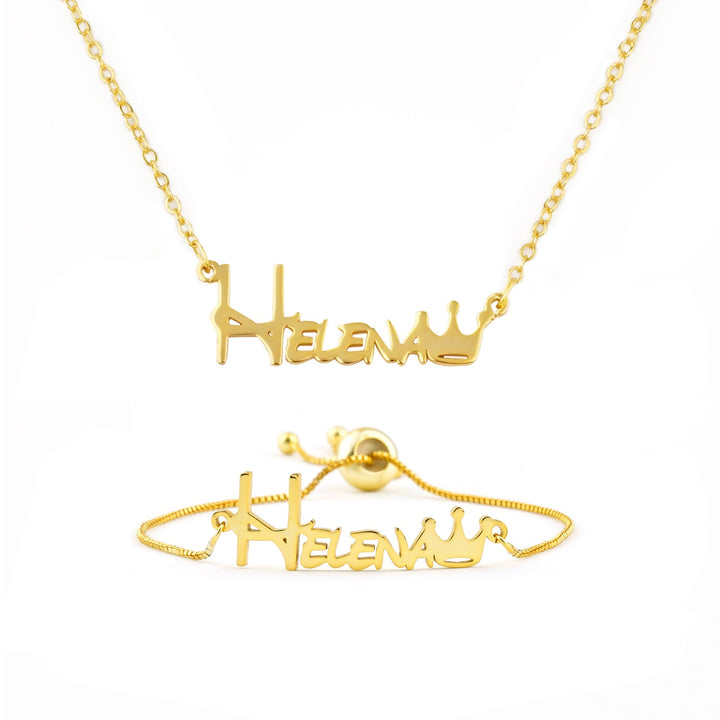 Personalized Baby Name Jewelry Set – Crown Bracelet & Necklace in Sterling Silver