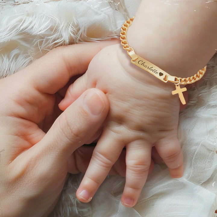 Personalized Baby Name Bracelet with Birthstone and Cross – Custom Gift for Boys & Girls