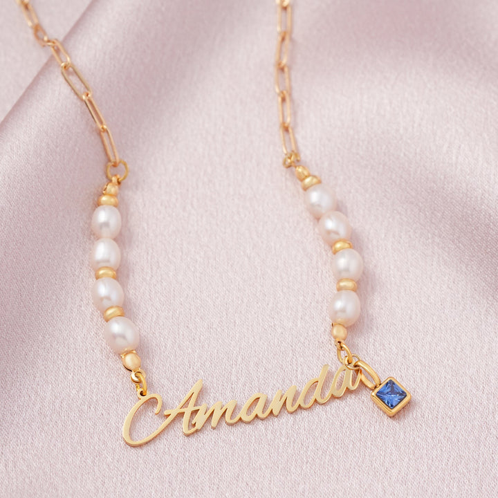 Personalized Name and Birthstone Natural Freshwater Pearl Necklace