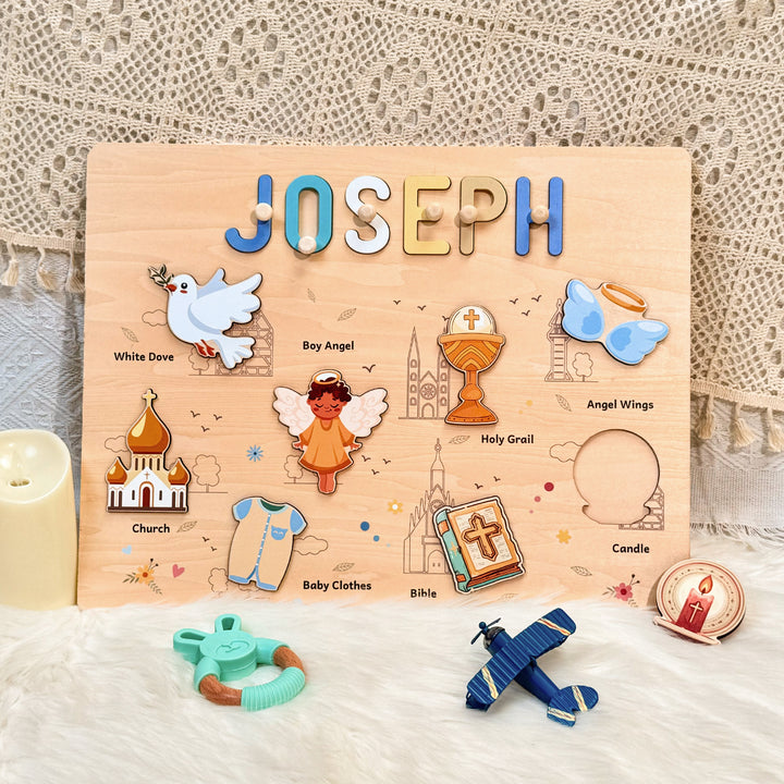 Personalized Baby Boy Christening Wooden Name Puzzle – Custom Baptism Keepsake Gift