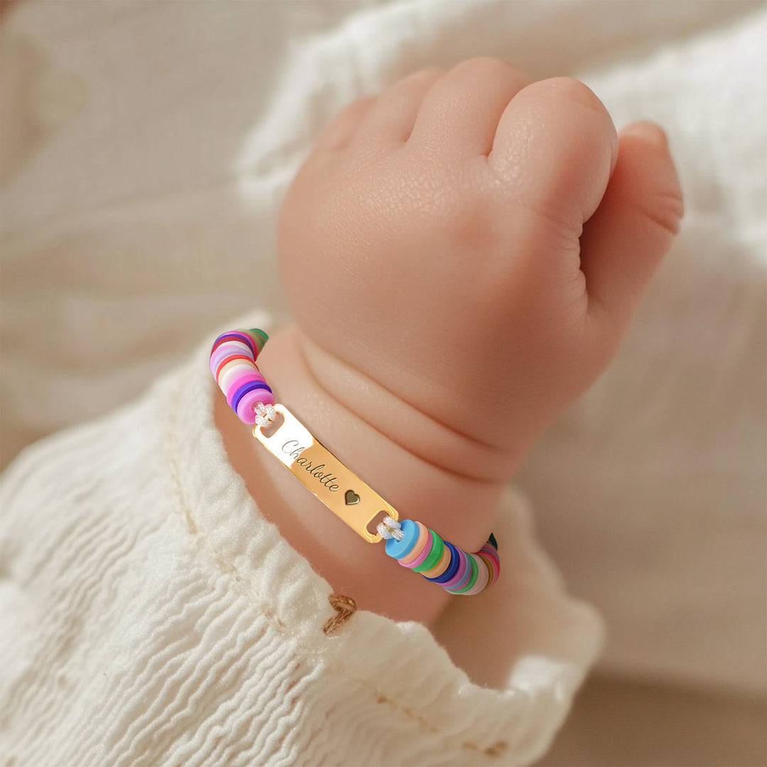 Personalized Baby Girl Name Bracelet with Rainbow Clay Beads – Adjustable Sterling Silver Charm