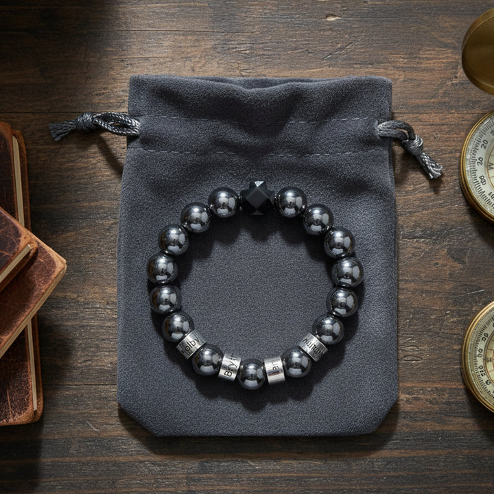 Personalized customizable name men's natural black volcanic stone beaded bracelet
