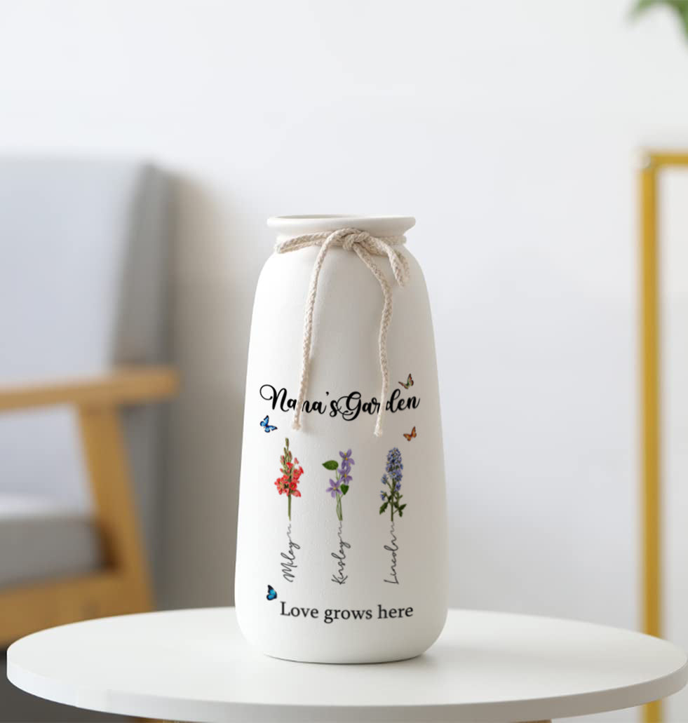 Personalized Pampas Grass Birthday Flower Vase with Family Names