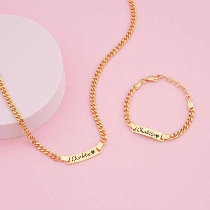 Personalized Baby Name & Birthstone Jewelry Set – Engraved Bracelet + Necklace