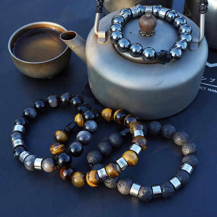 Personalized customizable name men's natural black volcanic stone beaded bracelet