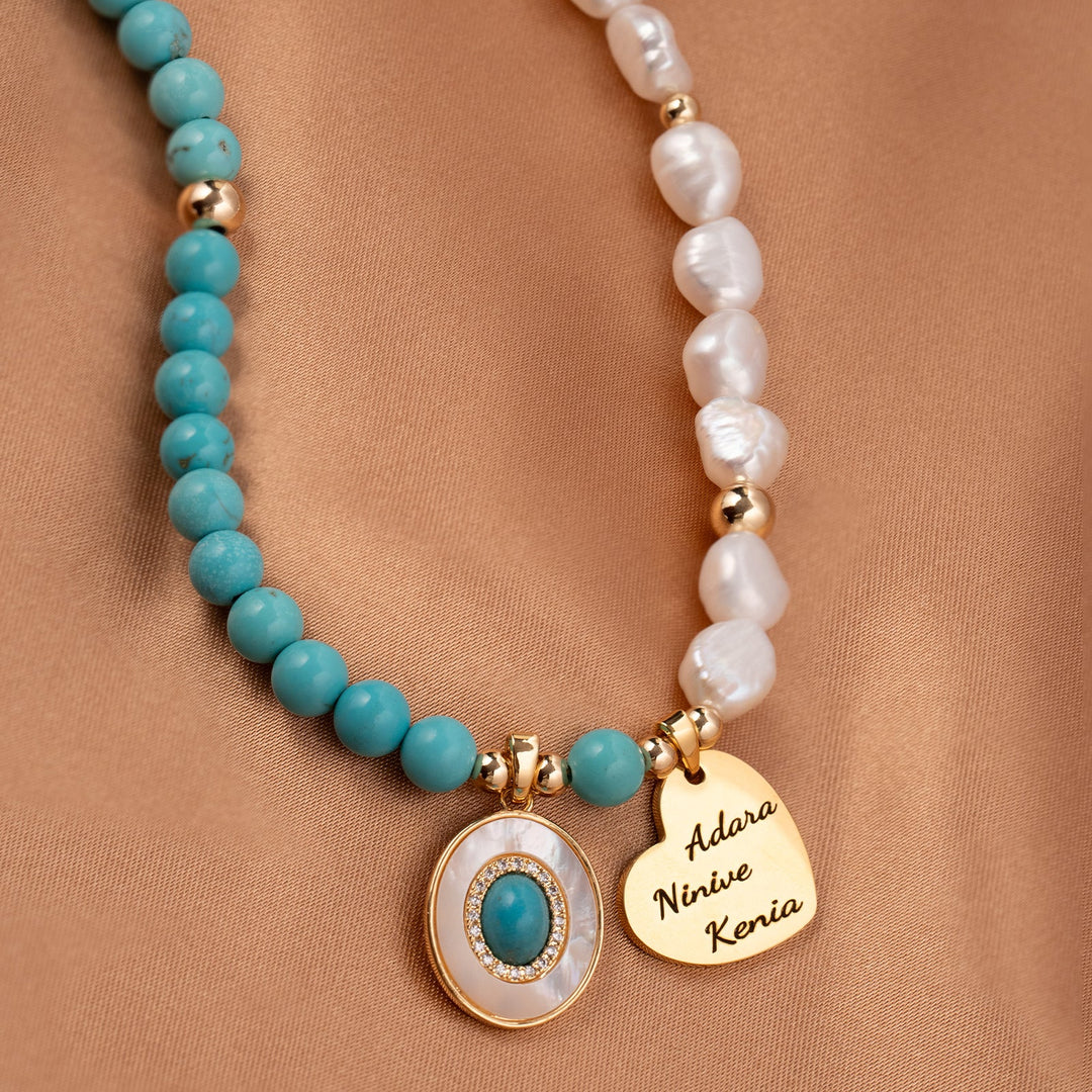 Personalized Name Heart Pendant - Natural Baroque Pearl and Turquoise Necklace