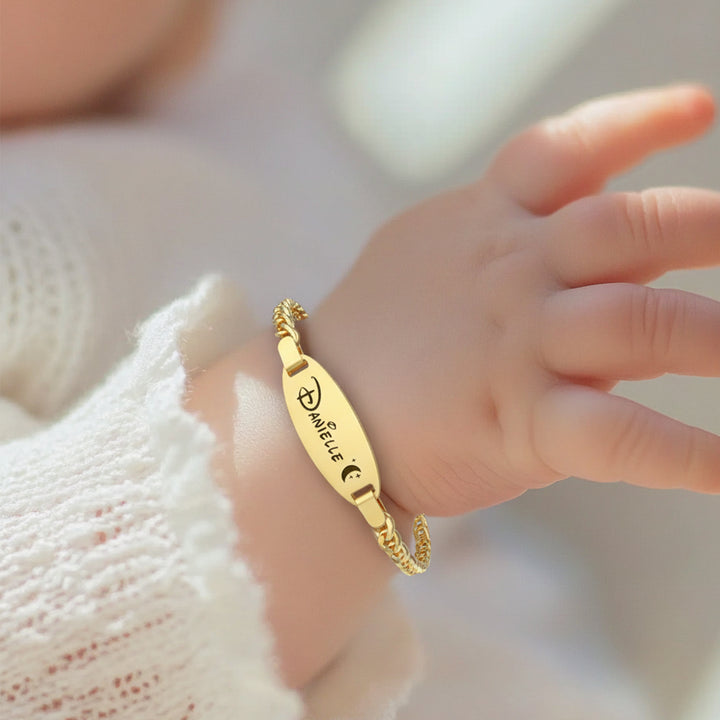 Personalized Oval Name Bracelet – Engravable Baby Keepsake with Birthstone