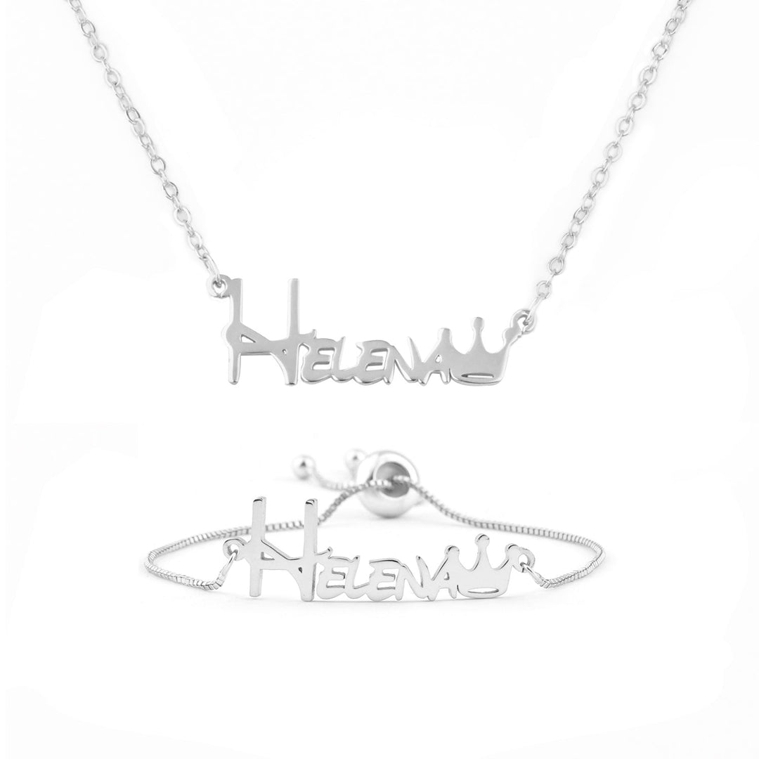 Personalized Baby Name Jewelry Set – Crown Bracelet & Necklace in Sterling Silver