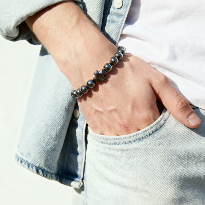 Personalized customizable name men's natural black volcanic stone beaded bracelet
