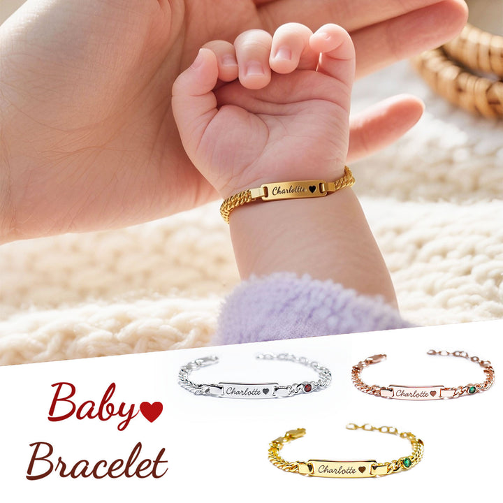 Gold Baby Name ID Bracelet with Birthstone – Personalized Infant Jewelry Gift