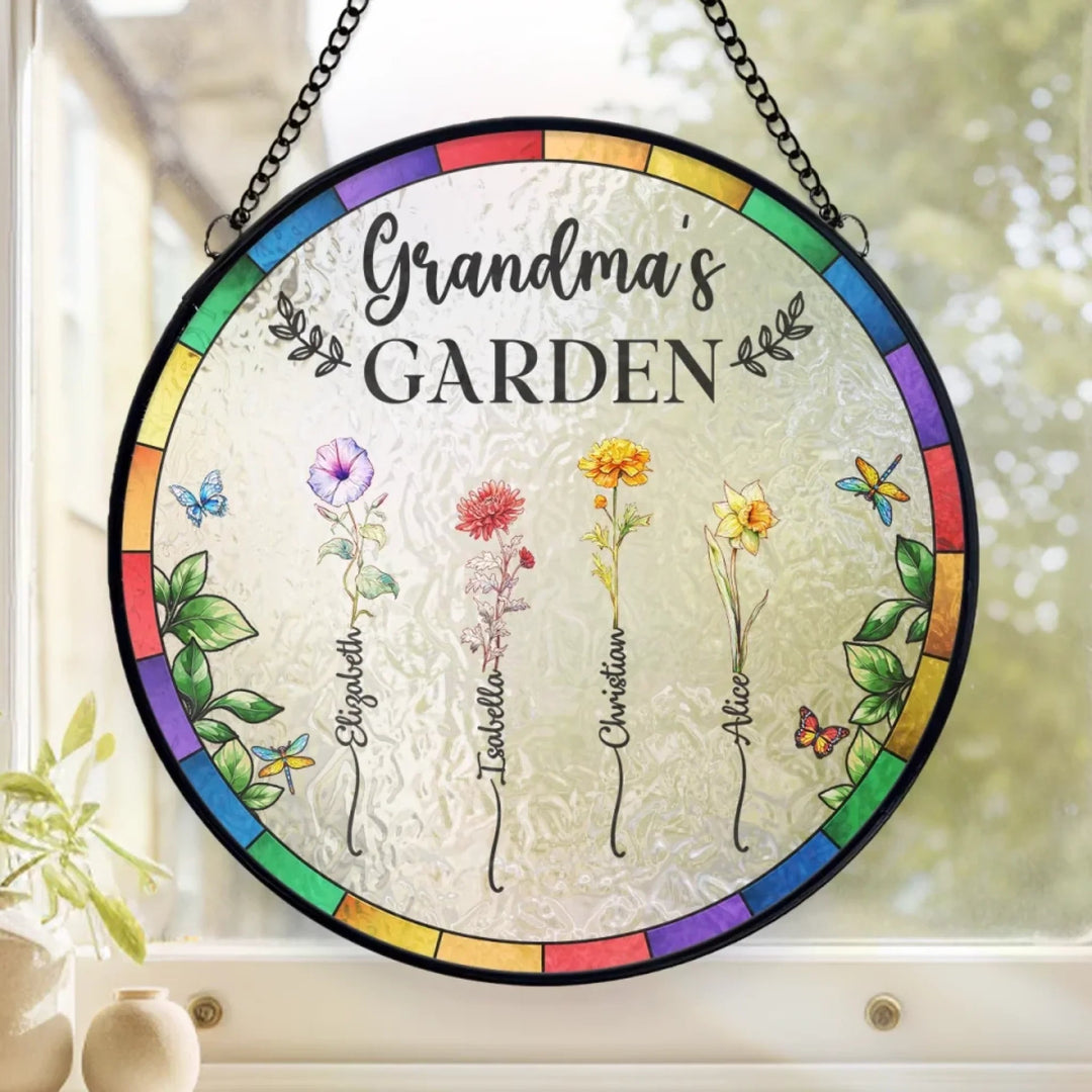 Personalized Stained Glass Window Hanging Suncatcher - Birth Flower Grandma's Garden