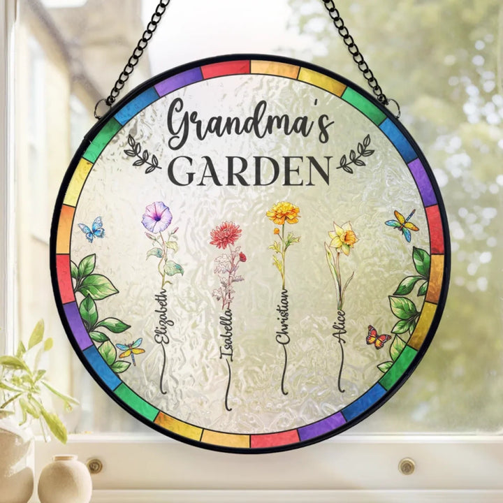 Personalized Stained Glass Window Hanging Suncatcher - Birth Flower Grandma's Garden