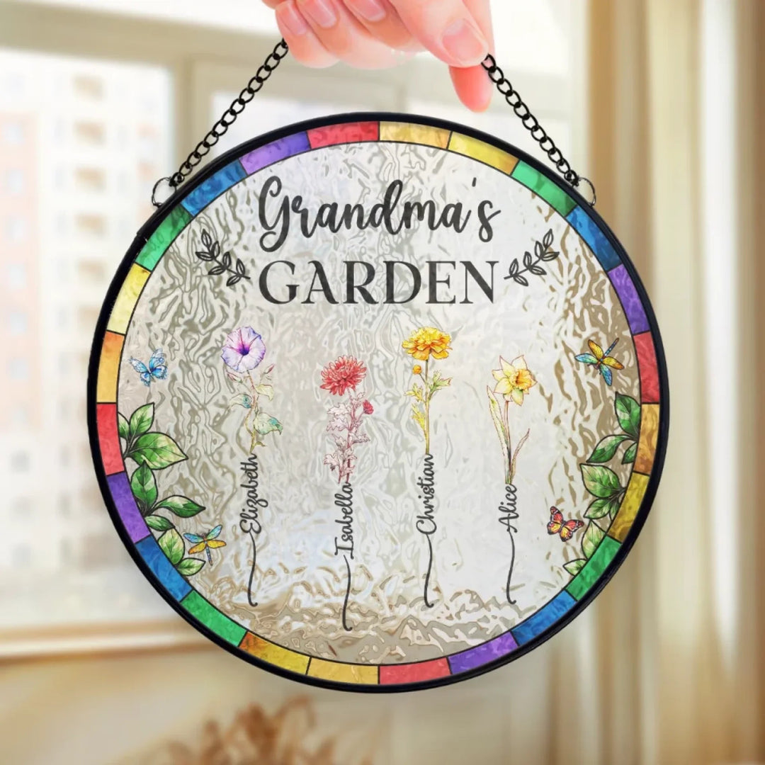 Personalized Stained Glass Window Hanging Suncatcher - Birth Flower Grandma's Garden