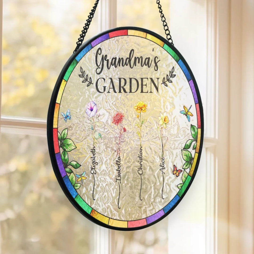 Personalized Stained Glass Window Hanging Suncatcher - Birth Flower Grandma's Garden