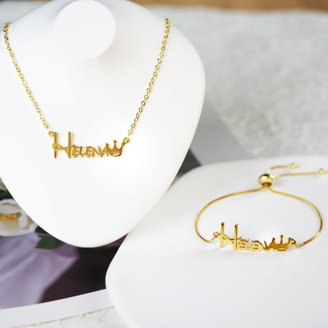 Personalized Crown Jewelry Set for Girls – Sterling Silver Custom Name Bracelet, Necklace, Earrings & Ring