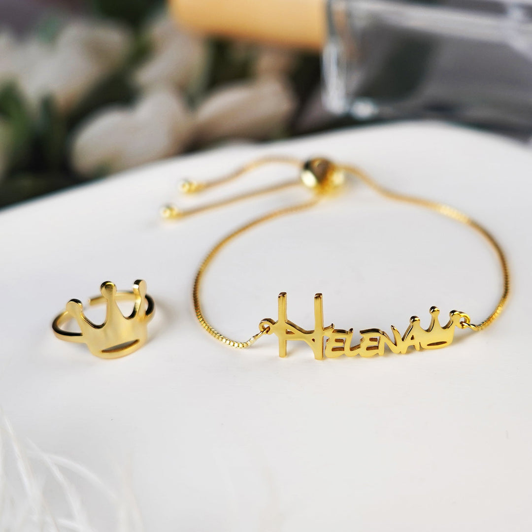 Personalized Crown Jewelry Set for Girls – Sterling Silver Custom Name Bracelet, Necklace, Earrings & Ring
