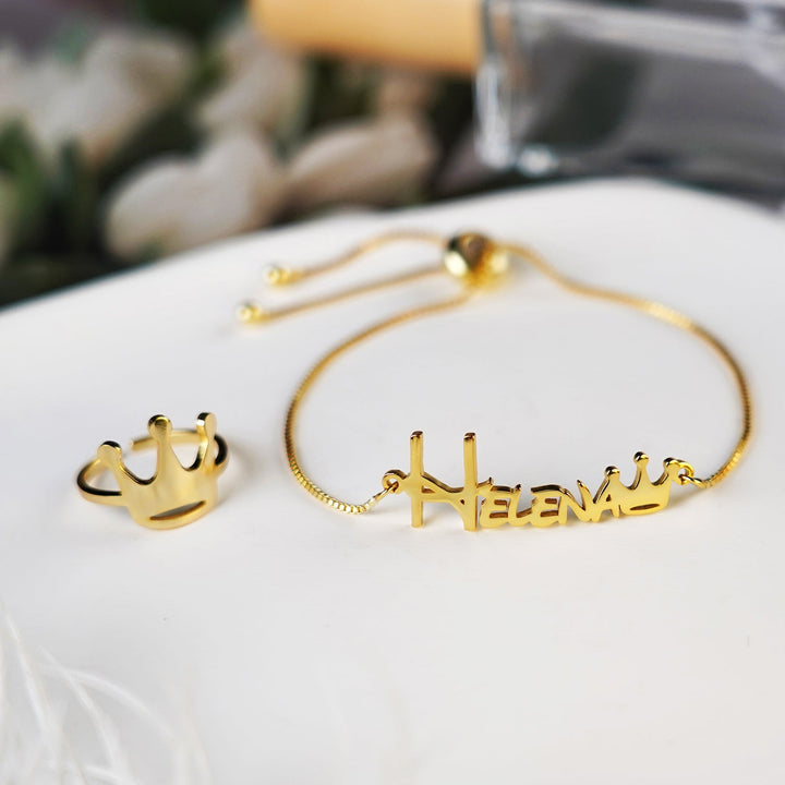 Personalized Crown Jewelry Set for Girls – Sterling Silver Custom Name Bracelet, Necklace, Earrings & Ring