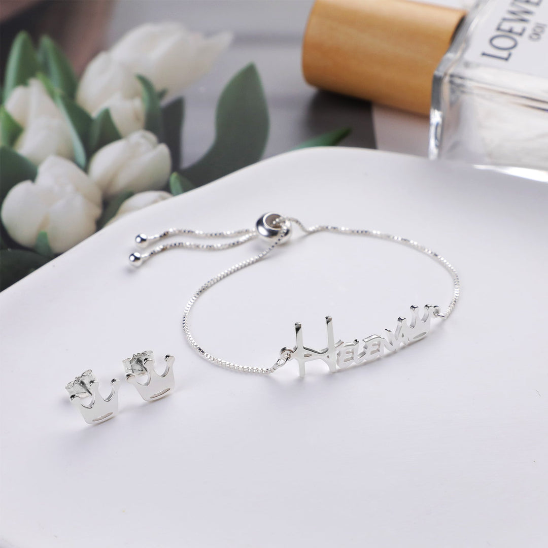Personalized Crown Jewelry Set for Girls – Sterling Silver Custom Name Bracelet, Necklace, Earrings & Ring