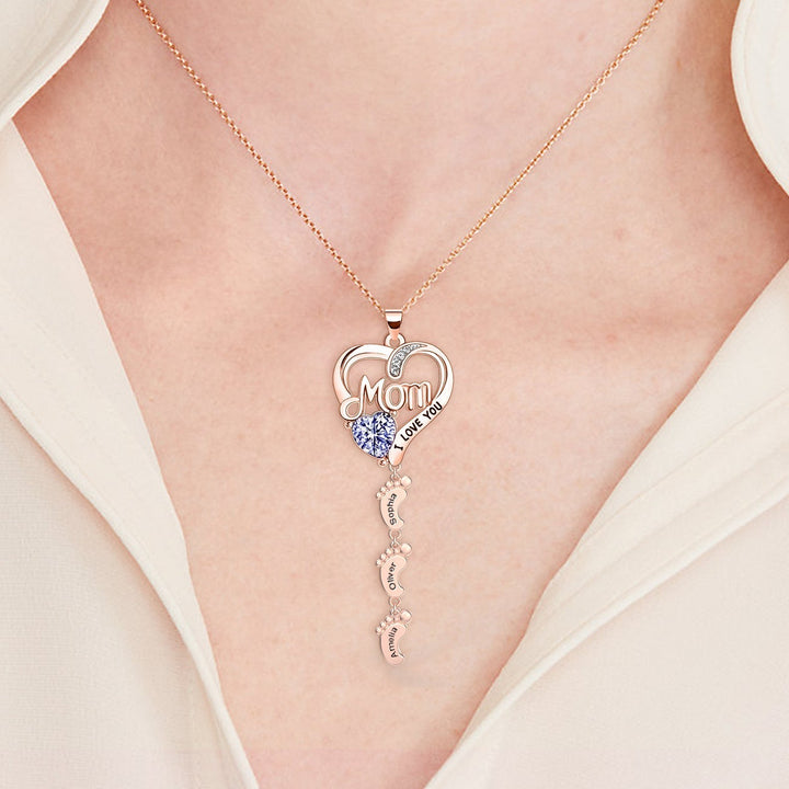 Personailzed Name and Birthstone Necklace With Feet Pendans