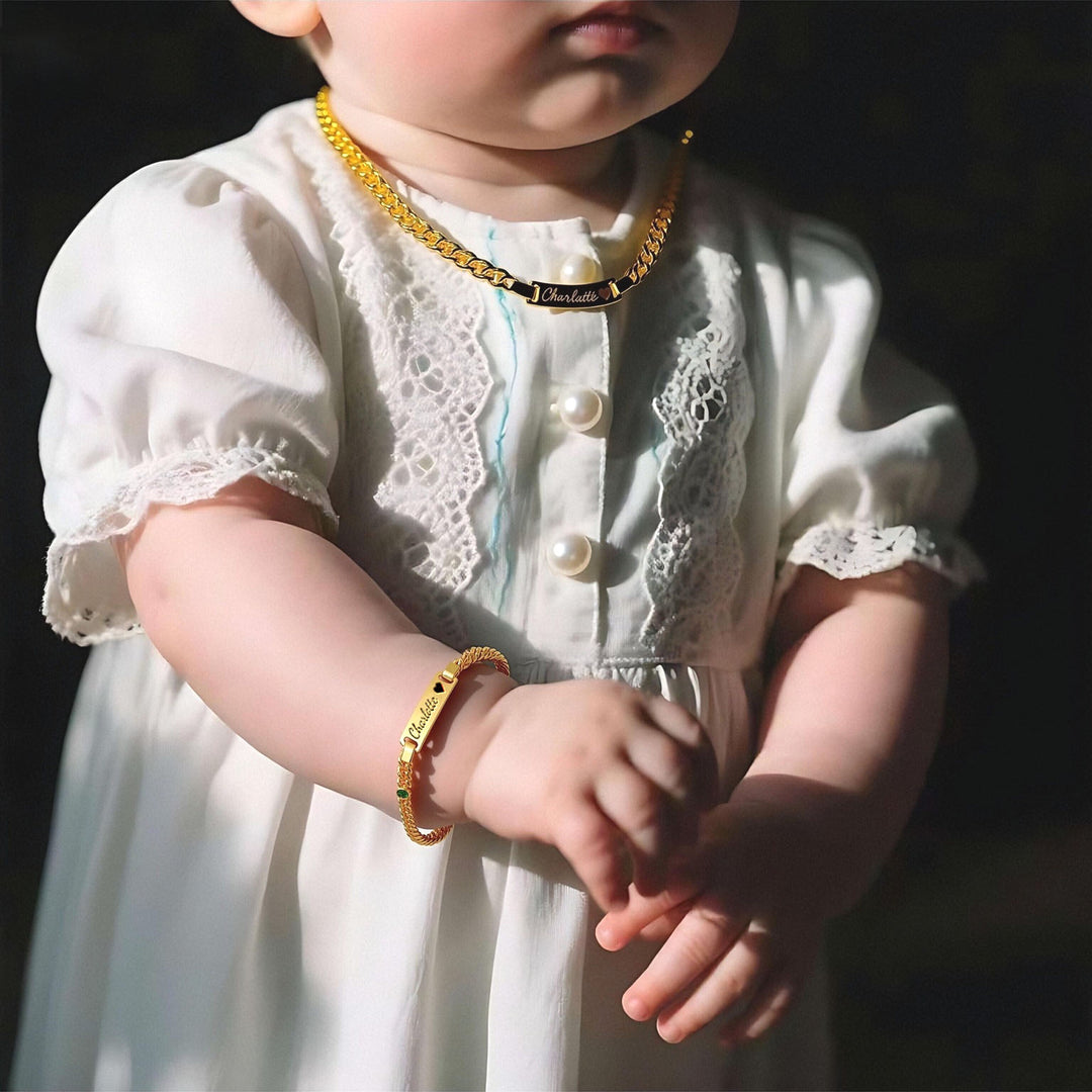 Personalized Baby Name & Birthstone Jewelry Set – Engraved Bracelet + Necklace