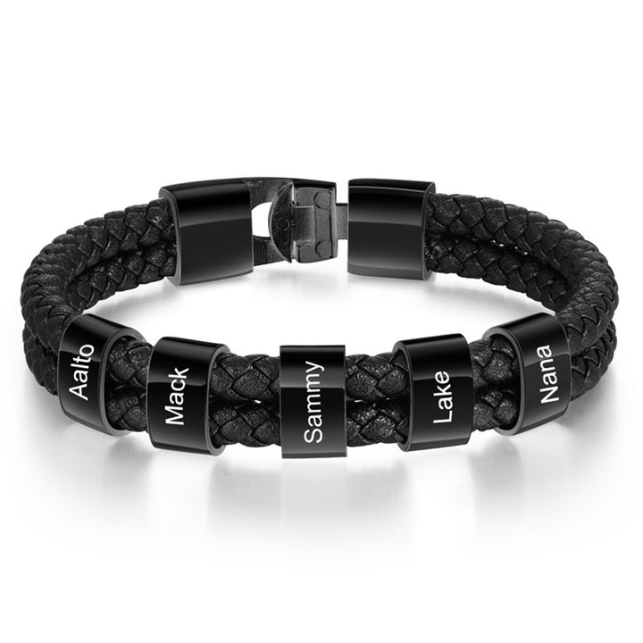 Personalised Braided Leather Bracelet Engraved 5 Names Men's Bracelet for Him