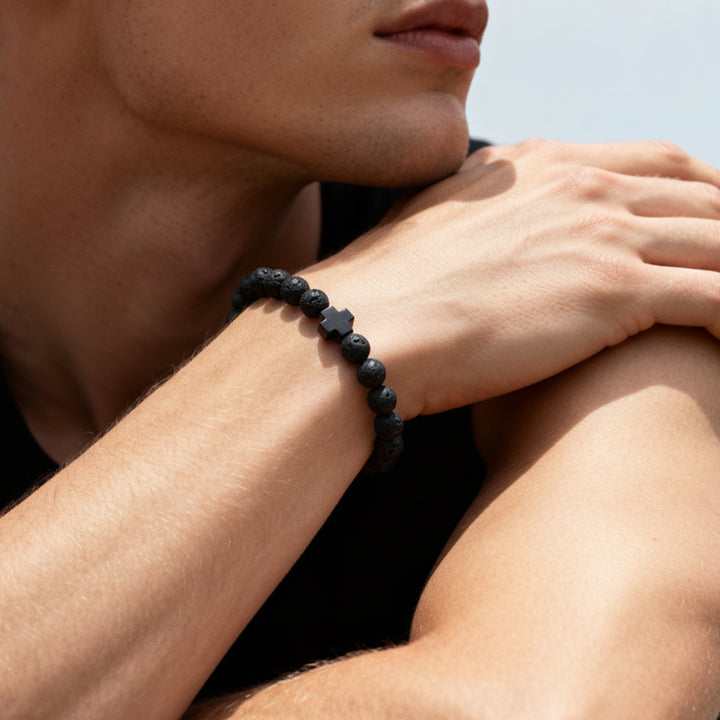 Personalized customizable name men's natural black volcanic stone beaded bracelet