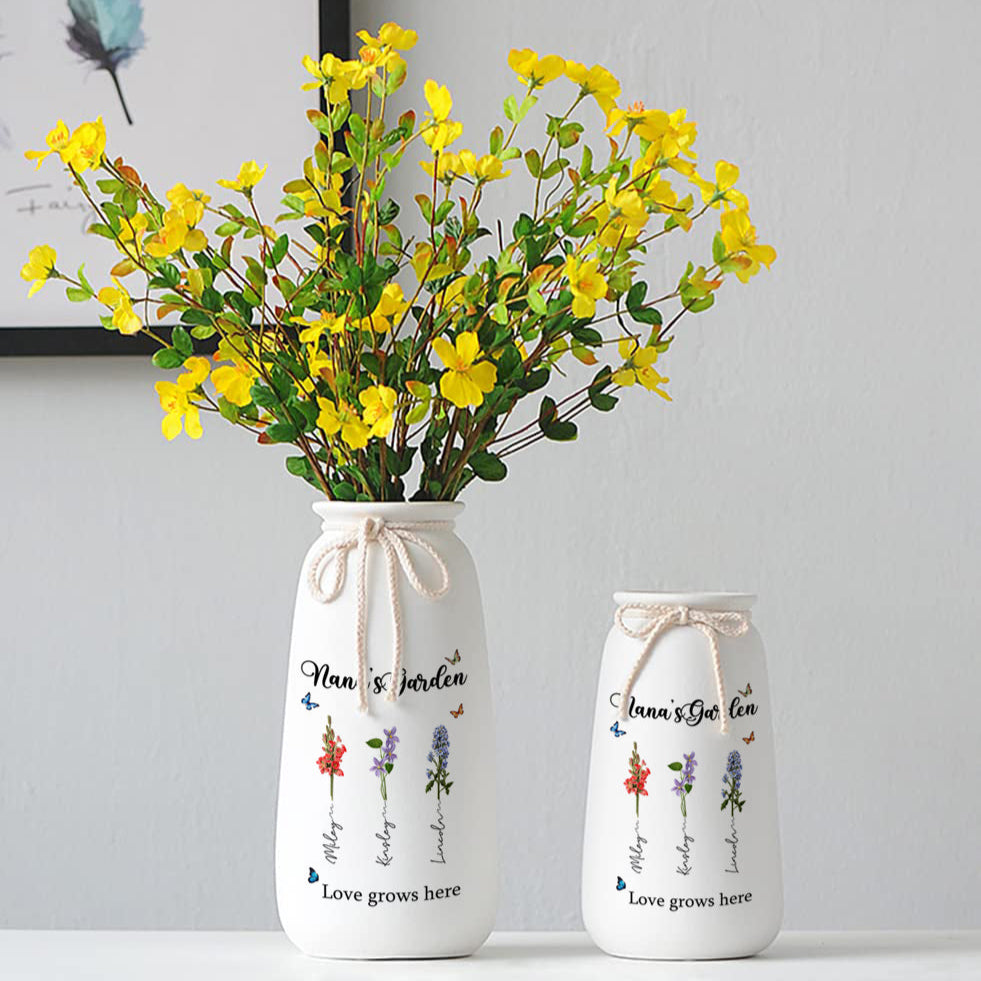 Personalized Pampas Grass Birthday Flower Vase with Family Names