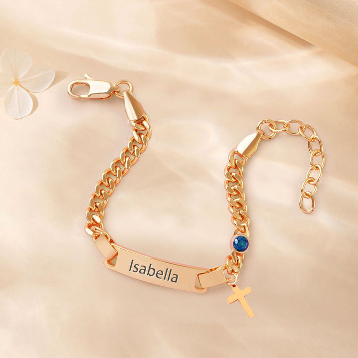 Personalized Baby Name Bracelet with Birthstone and Cross – Custom Gift for Boys & Girls