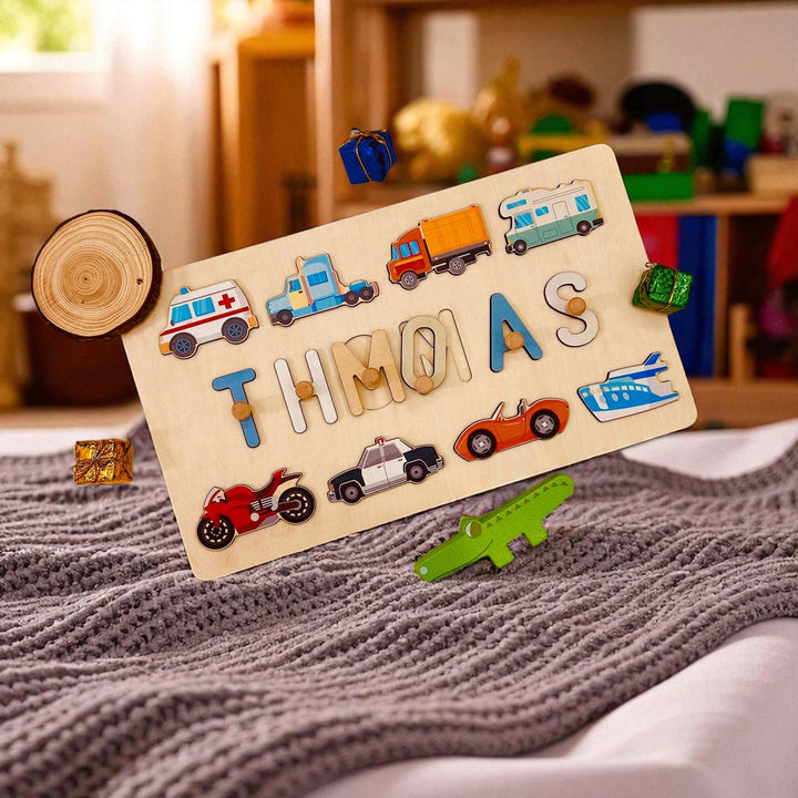Personalized Wooden Name Puzzle – Vehicle & Traffic Learning Toy