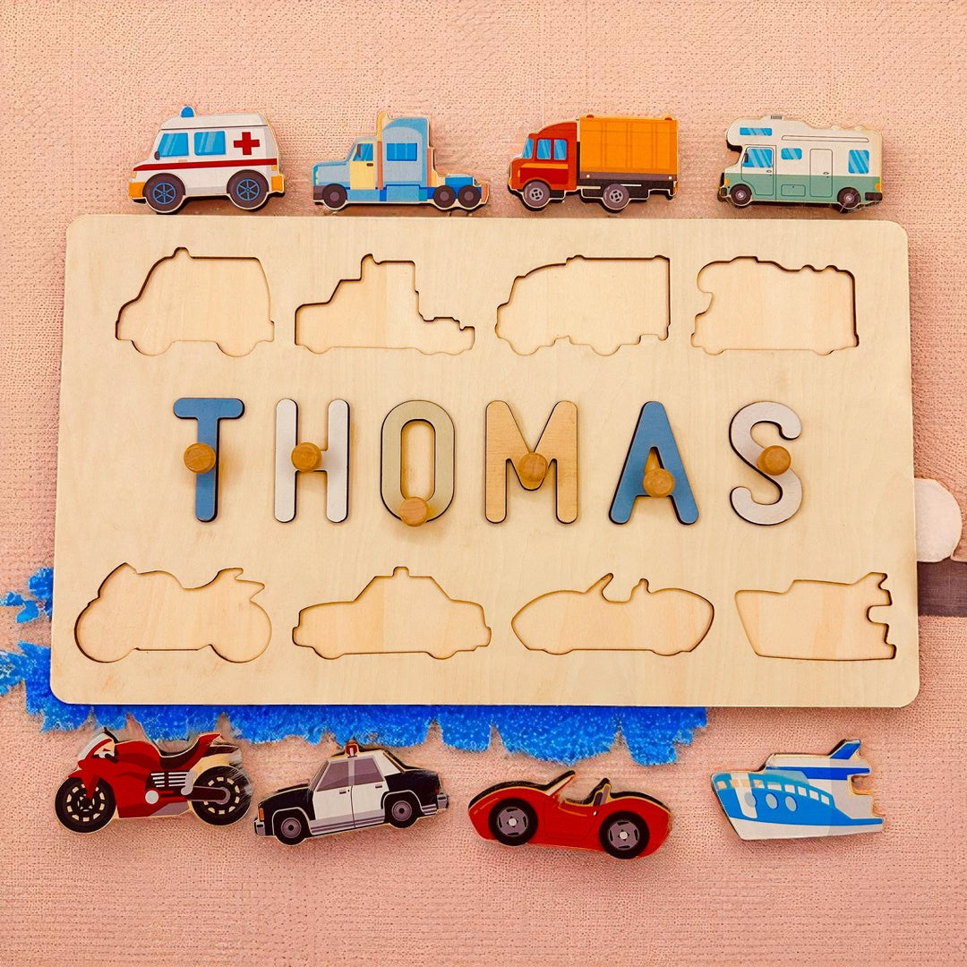 Personalized Wooden Name Puzzle – Vehicle & Traffic Learning Toy