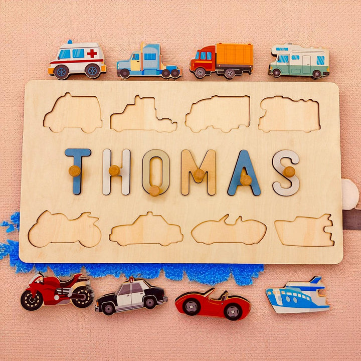 Personalized Wooden Name Puzzle – Vehicle & Traffic Learning Toy