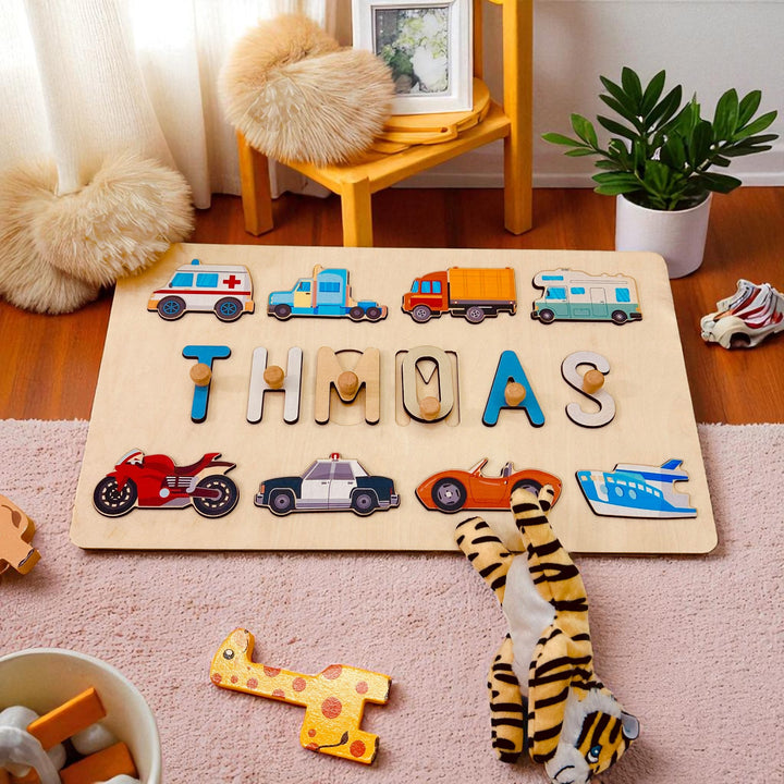 Personalized Wooden Name Puzzle – Vehicle & Traffic Learning Toy