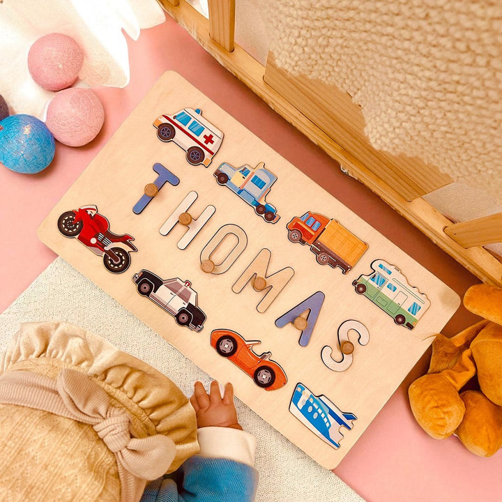 Personalized Wooden Name Puzzle – Vehicle & Traffic Learning Toy