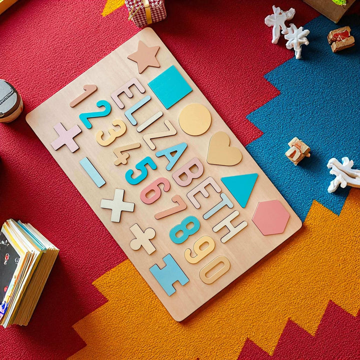 Personalized Educational Wooden Name Puzzle – Shapes, Numbers & Letters Toy