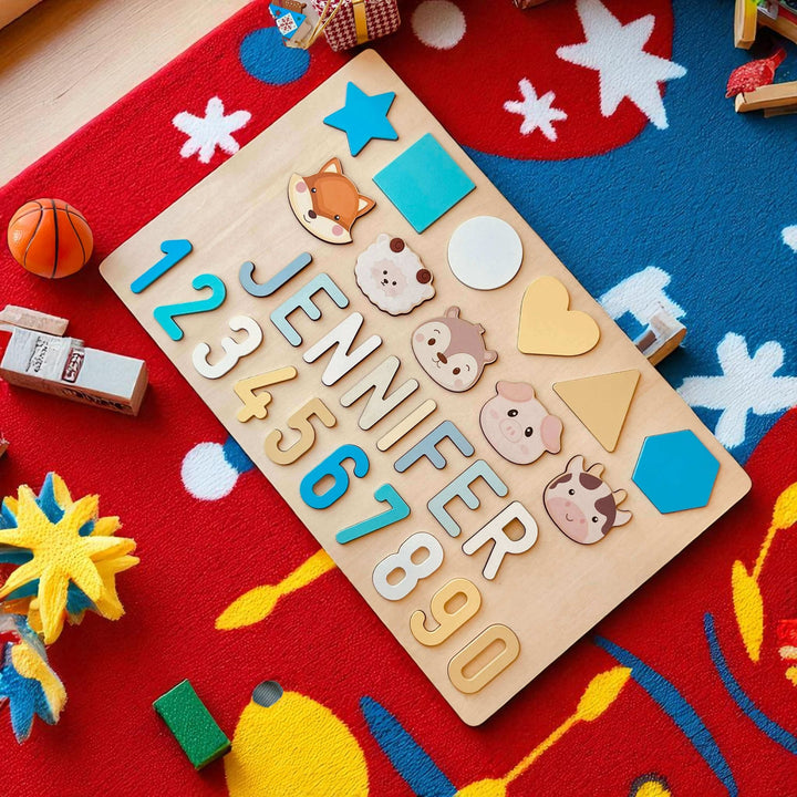 Personalized Educational Wooden Name Puzzle – Shapes, Numbers & Letters Toy