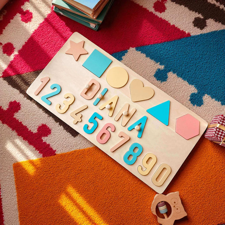 Personalized Educational Wooden Name Puzzle – Shapes, Numbers & Letters Toy