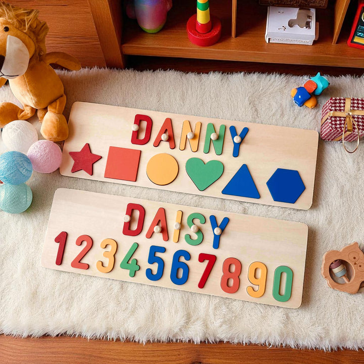 Personalized Educational Wooden Name Puzzle – Shapes, Numbers & Letters Toy