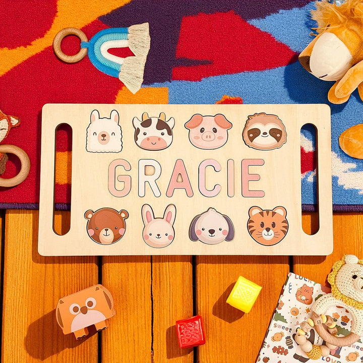 Custom Wooden Baby Name Puzzle with Handle – Toddler Educational Gift