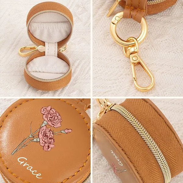 Personalized Birth Flower PU Leather Ring Holder Jewelry Box