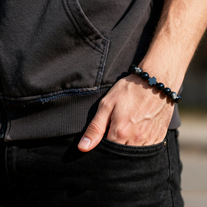 Personalized customizable name men's natural black volcanic stone beaded bracelet