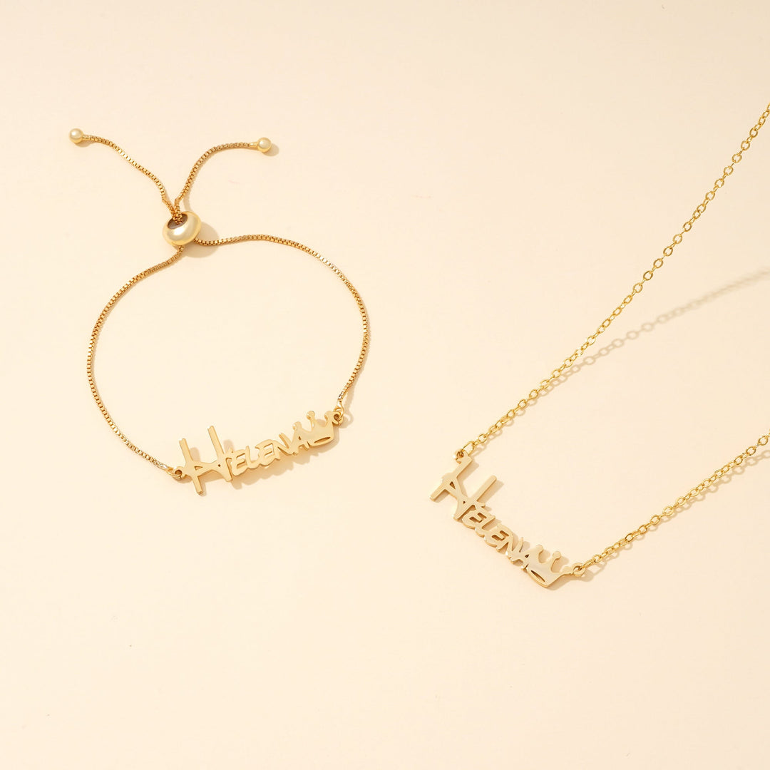 Personalized Baby Name Jewelry Set – Crown Bracelet & Necklace in Sterling Silver